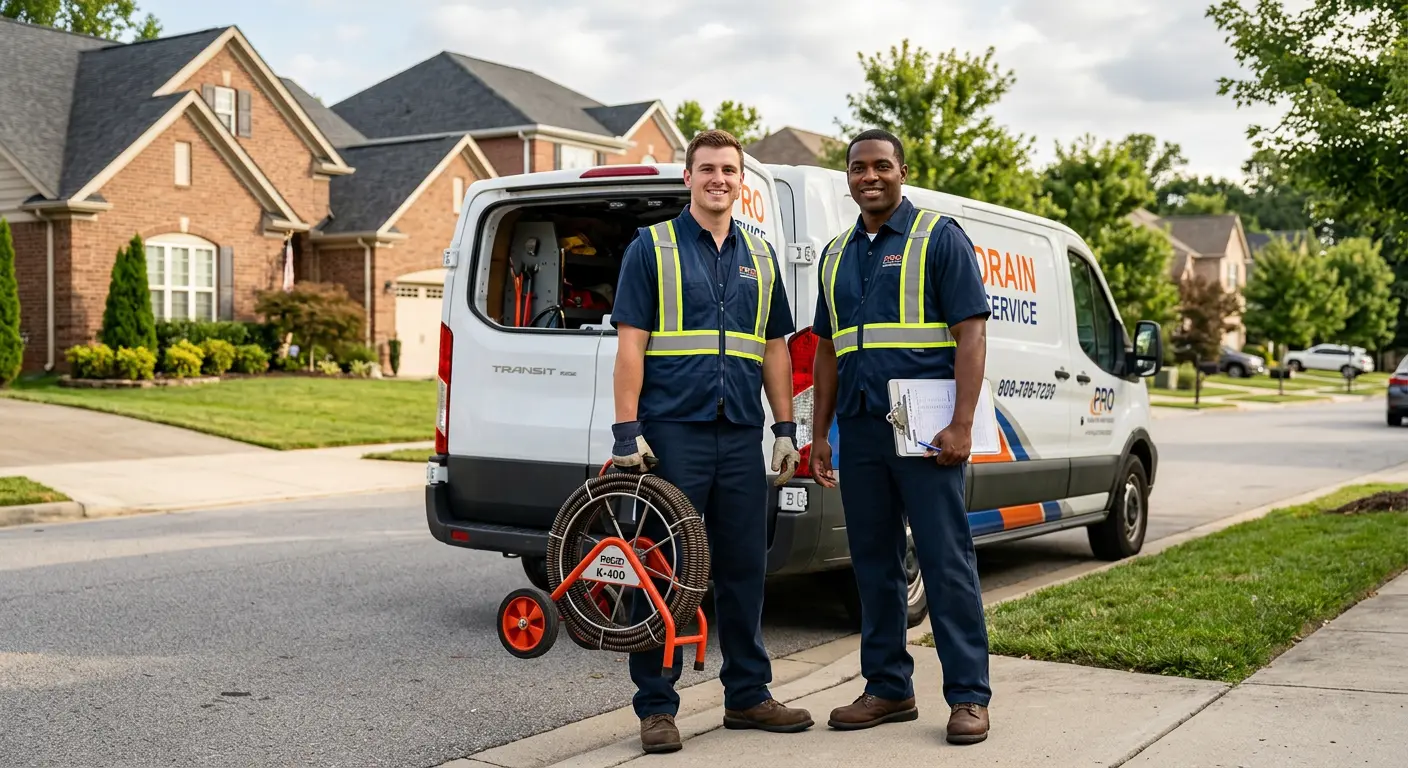 Sewer and drain service team with equipment ready for work in Arlington