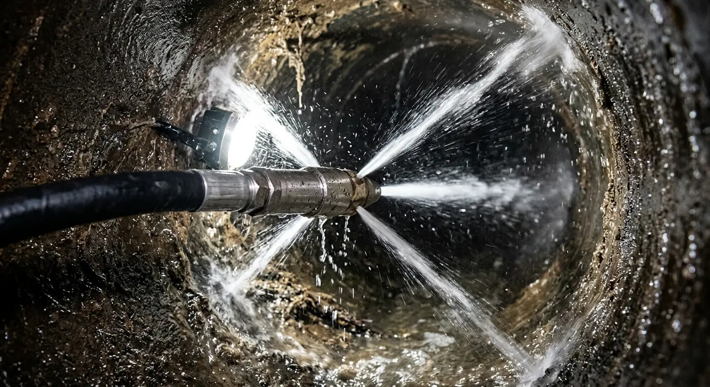 High-pressure hydro jetting nozzle cleaning sewer pipe for Sewer Cleanout in Arlington