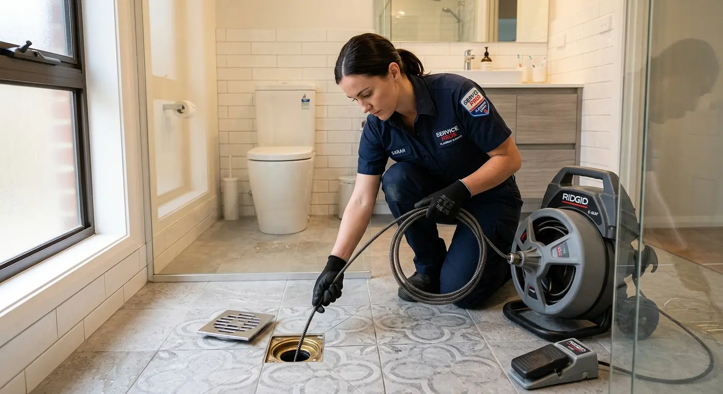 Technician clearing a bathroom floor drain for Sewer Line Replacement in Arlington